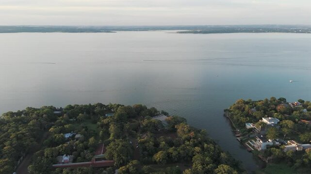 Orbiting drone shot of the Paran&aacute; River in Misiones, Argentina, with an amazing view of the river.