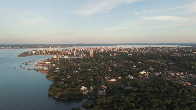 Aerial view above the Paran&aacute; River in Misiones, Posadas, Argentina, at the tri-border area with Brazil and Paraguay.