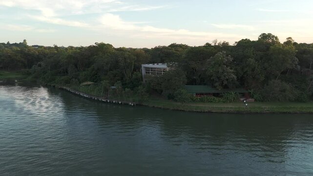 Stunning aerial view of the green environment along the Paran&aacute; River in Posadas, Misiones, Argentina, at the iconic tri-border area with Brazil and Paraguay.