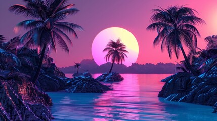 Futuristic neon landscape with palm trees at sunset