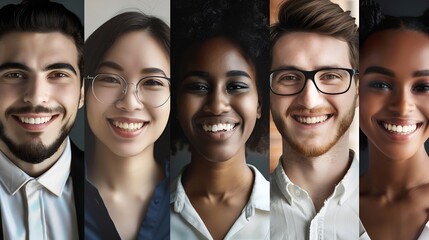 Collage portrait of multiracial smiling different business people A lot of happy modern people faces in mosaic collection Successful business career diversity concept : Generative AI
