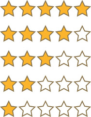 Set of stars rating design elements. Kit of star shapes for ranking interface. Voting symbols from zero to five points. Vector illustration in flat style. Yellow and half star flat feedback icons