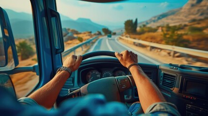 Naklejka premium Driver's View Inside European Truck Cabin, Steering Wheel Detail