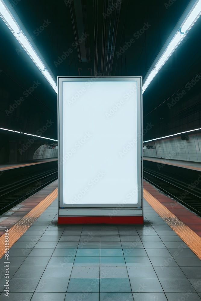 Poster empty illuminated billboard in an underground subway station with tiled floor and trackside lights, 
