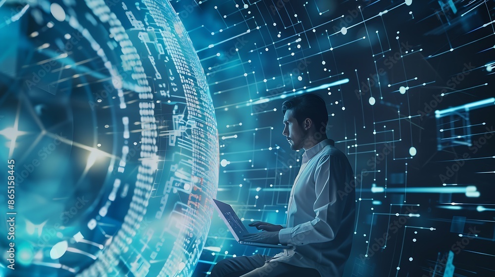 Poster Digital technology concept Man programmer working on laptop for big data management computer code on futuristic virtual interface screen data mining digital software development data s : Generative AI