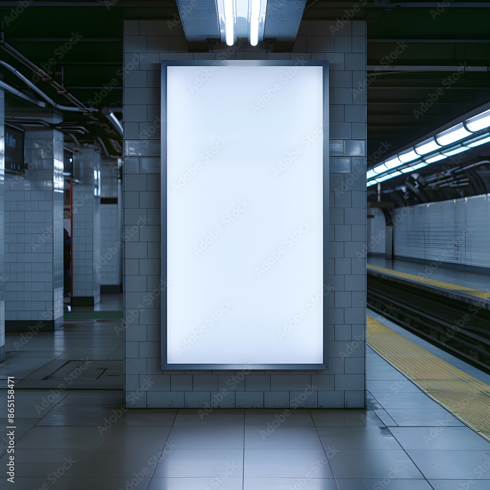 Poster empty illuminated billboard in subway station with tiled walls and tracks, perfect for advertisement