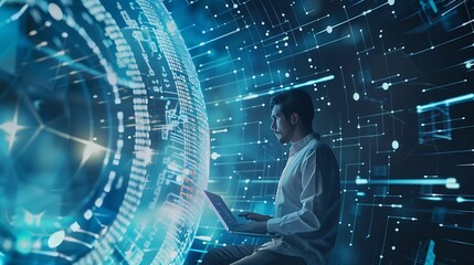 Digital technology concept Man programmer working on laptop for big data management computer code on futuristic virtual interface screen data mining digital software development data s : Generative AI