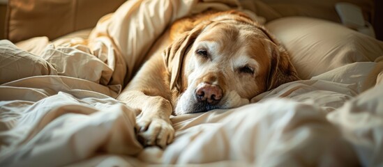 Obraz premium Elderly Labrador Resting in Bed at Home. Lifestyle Photography.