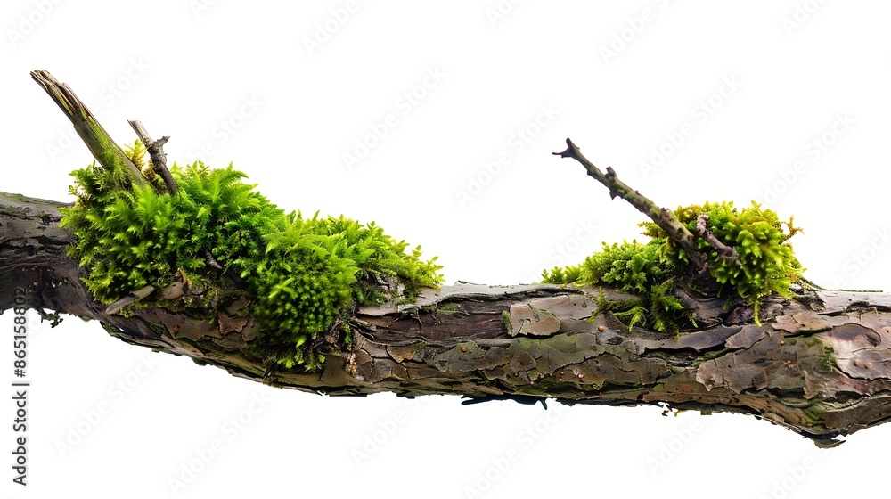 Poster green moss on rotten branch isolated on white side view : generative ai