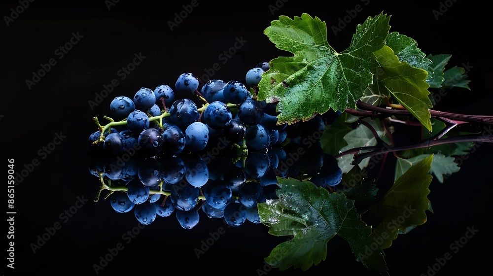 Aufkleber blue grapes and vine branches on a black reflective background copy space : generative ai