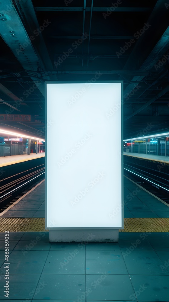 Poster empty illuminated billboard on a train station platform at night, ready for advertisement display wi