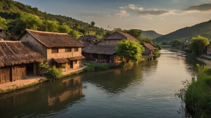 Background of a large river with houses and green trees beside it