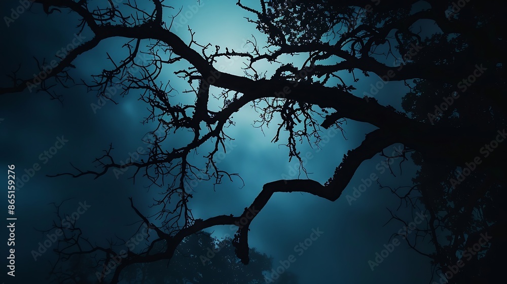 Poster leafless oak tree branches silhouette black and blue natural oak tree branches silhouette on a blue 