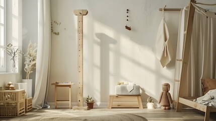 Stylish interior of modern childrens room with wooden stadiometer : Generative AI