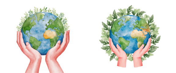 Two people holding a globe with leaves around it