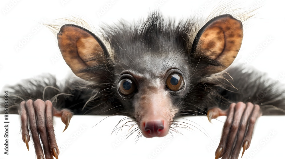 Poster 2. create a high-resolution image of an aye-aye showcasing its unique features like its long fingers