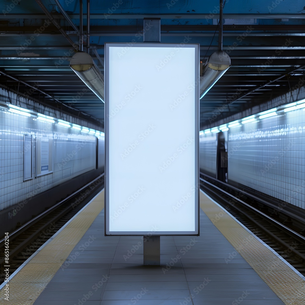 Poster empty subway platform with illuminated blank advertisement billboard in the center frame, ready for 