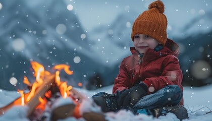 Cute little boy sitting near bonfire in winter forest. Child having fun outdoors.