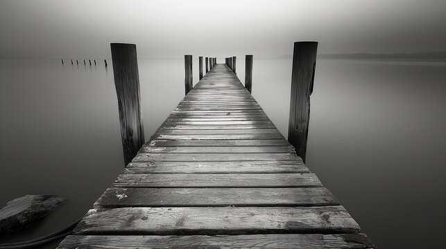 Gray Serenity: Wooden Piers Stretching into Misty Waters