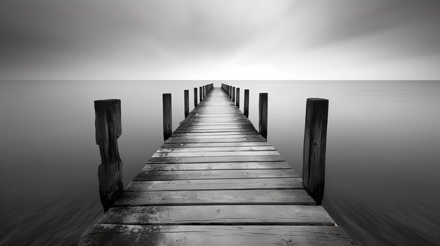 Gray Serenity: Wooden Piers Stretching into Misty Waters