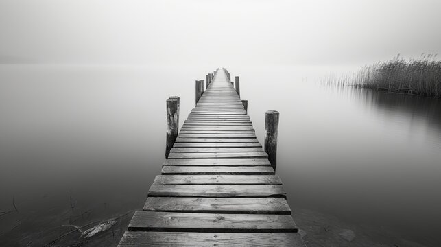 Gray Serenity: Wooden Piers Stretching into Misty Waters