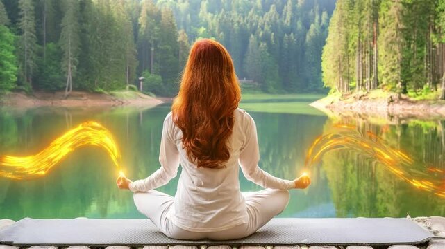A woman meditates in a serene forest setting by a beautiful lake, bathed in the golden light of sunset. Experience the tranquility and peace of nature as she finds inner balance and harmony.