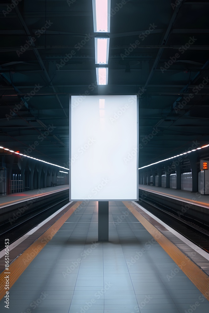 Poster empty subway station platform with a large vertical blank advertisement billboard under bright overh