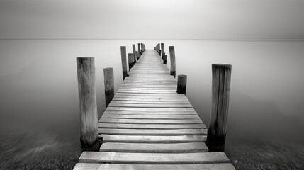 Gray Serenity: Wooden Piers Stretching into Misty Waters