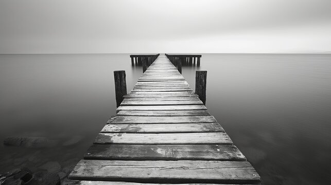 Gray Serenity: Wooden Piers Stretching into Misty Waters