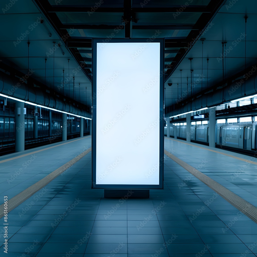 Poster empty subway station with a blank advertisement board, surrounded by illuminated tracks and modern a