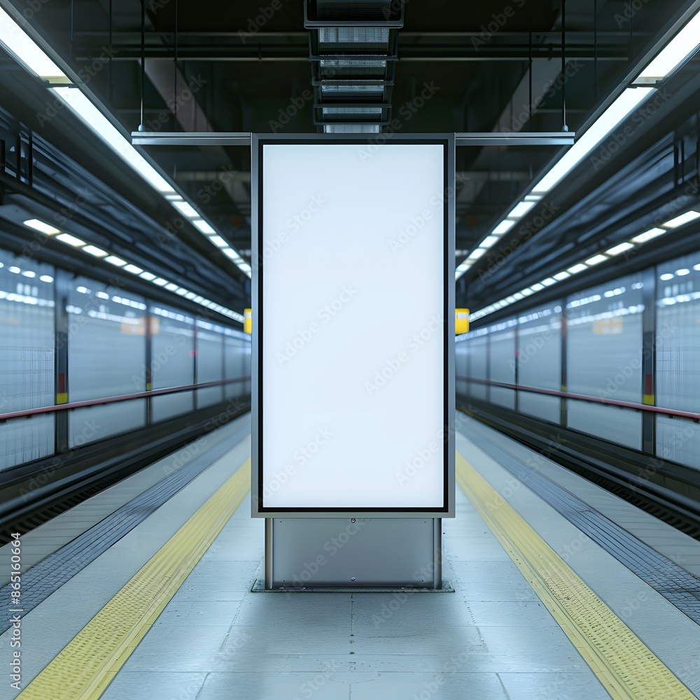 Poster empty subway station with a blank billboard, illuminated by overhead lights, perfect for your advert