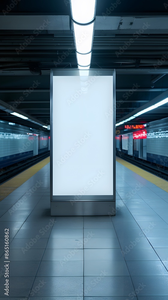 Poster empty subway station with illuminated billboard in the center. modern urban platform with tiles and 
