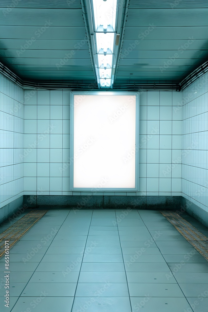 Poster empty tiled hallway with a bright white neon light and large blank advertisement board on the wall, 