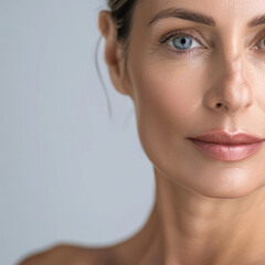 A close-up portrait of a middle-aged Caucasian woman with smooth skin, highlighting beauty and skincare