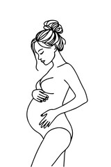 Fototapeta premium A minimalist, black single line drawing of a pregnant woman. She is depicted in a side profile, with her hand gently touching her belly. Her hair is styled in a bun, and she appears to be in a contemp