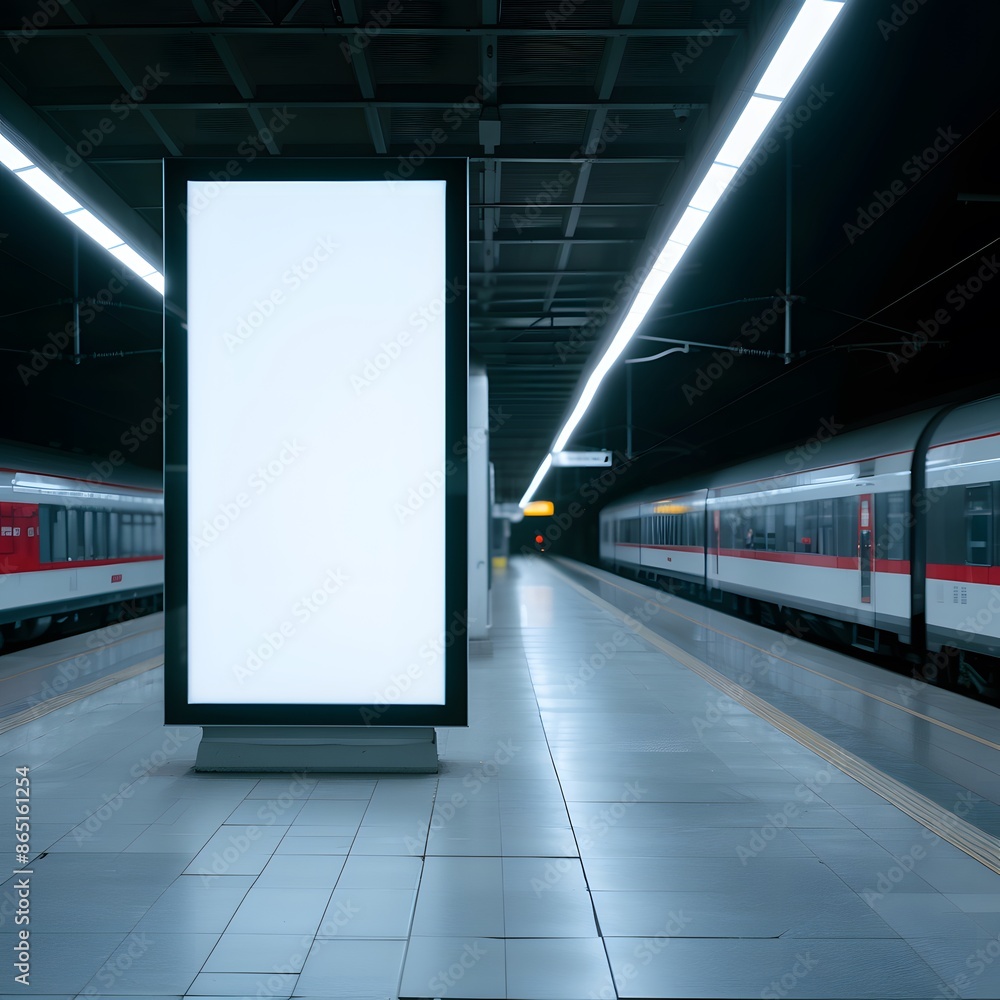 Poster empty train station platform with illuminated advertisement billboard, glowing in the dark against a
