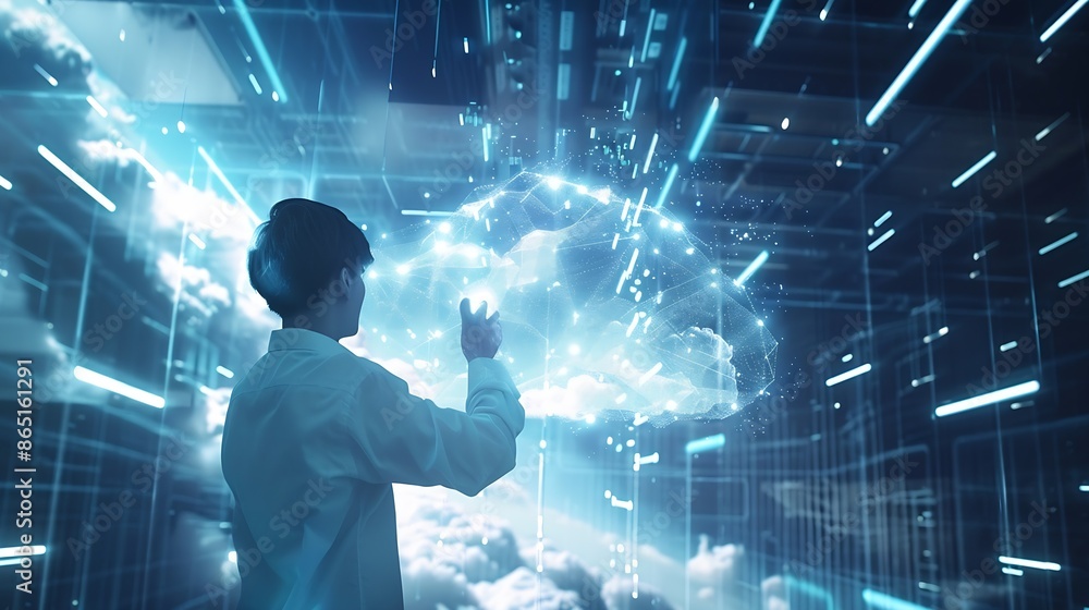 Poster Businessman showing virtual glowing cloud computing to download and loading data information and upload on system network application Technology data transformation concept data transf : Generative AI