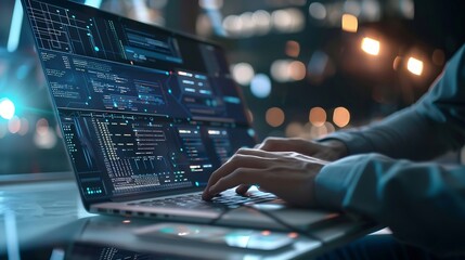 Digital technology concept Man programmer working on laptop for big data management computer code on futuristic virtual interface screen data mining digital software development : Generative AI