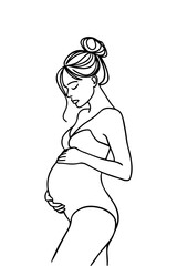 A minimalist, black single line drawing of a pregnant woman. She is depicted in a side profile, with her hand gently touching her belly. Her hair is styled in a bun, and she appears to be in a contemp