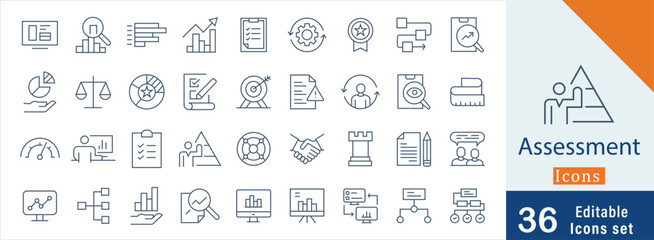 Assessment editable stroke outline web icons set. Audit, analysis, plan, line icons, quality control, evaluation, quality process, result and goal. Vector illustration
