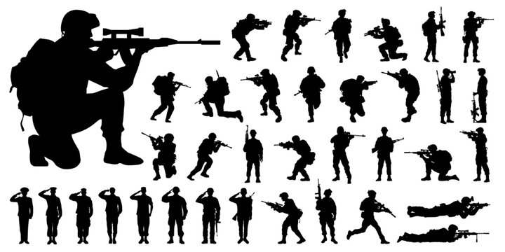 Silhouette of military army with weapons, usa men soldiers with rifle, salute soldier and american veteran. Independence or memorial day background with army soldier silhouette. Pride and honor symbol