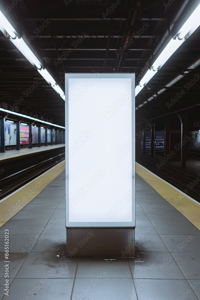 Aufkleber illuminated blank advertisement billboard at a subway platform with empty tracks and bright lights c