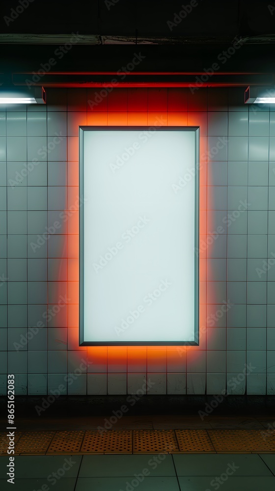 Aufkleber illuminated blank advertisement billboard with red neon light frame on white tiled wall background i