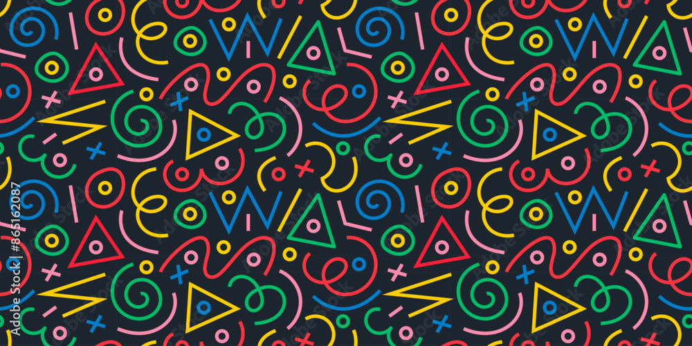 Poster doodle sketch style of colorful shapes and lines on black background for children or trendy design. 