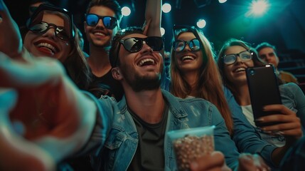 Group of friends having fun and taking selfie while watching 3D movie in cinema : Generative AI