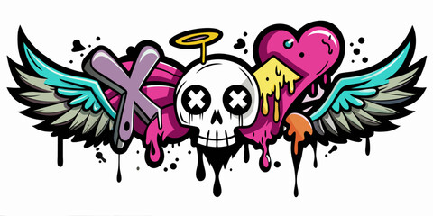 Cartoon Skull With Wings, Heart, and Halo in Graffiti Style. Generative AI