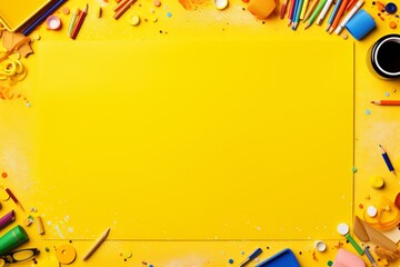 Colorful art supplies on yellow background