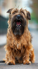 briard dog with a big mouth is sitting on the ground, protecting its territory area