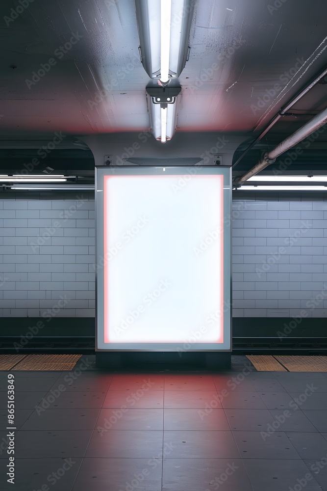 Poster illuminated empty billboard in a modern subway station. ideal for advertisement concepts and urban t