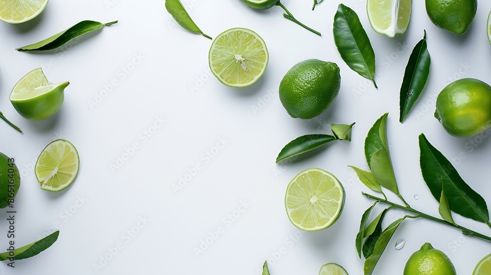 Poster fresh limes with green leaves on branch and cut in half sliced isolated on white background : genera